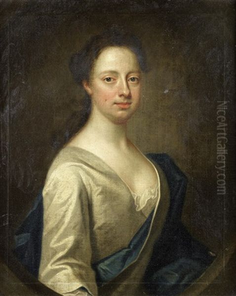 Portrait Of A Lady, Half-length, In A White Silk Dress And A Blue Sash - view 1