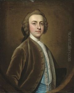 Portrait Of A Gentleman, Half-length, In A Brown Velvet Coat And Blue Silk Waistcoat With Silver Frogging
