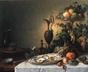 Still Life Of Fruit And Other Objects On Draped Table