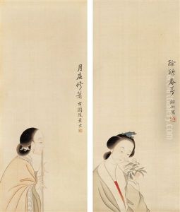 Woman With Flute In Moonlight (+ Woman Attracted With Flowers; 2 Works) by Feng Chaoran