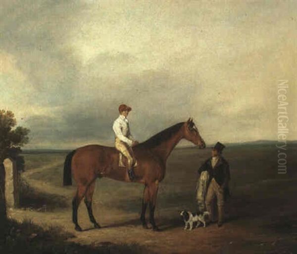 A Racehorse With Jockey Up, With A Trainer And A Spaniel By A Gate - view 1