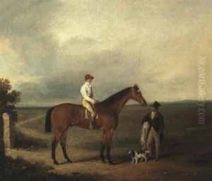 A Racehorse With Jockey Up, With A Trainer And A Spaniel By A Gate by George Fenn