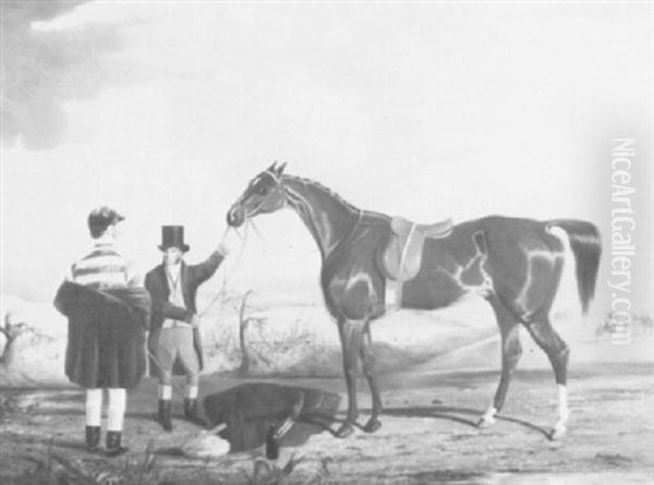 A Racehorse With His Owner And Jockey On The Gallops - view 1