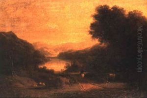 A River Landscape With Cattle, Sheep And A Figure On Horseback by Thomas Fenwick