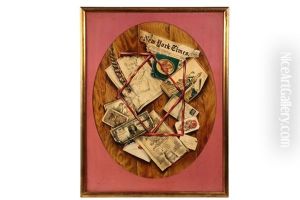 Trompe L'oeil In Mixed Media Of A Plank Wall With Various Bits Of Ephemera Pinned Up By A Red Ribbon Trompe L'oeil In Mixed Media Of A Plank Wall With Various Bits Of Ephemera Pinned Up By A Red Ribbon