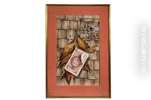 Trompe L'oeil In Mixed Media Of A Shingle Wall With An 1863 Farmer's Almanac Hanging Over Tobacco Leaves by Jules-Descartes Ferat