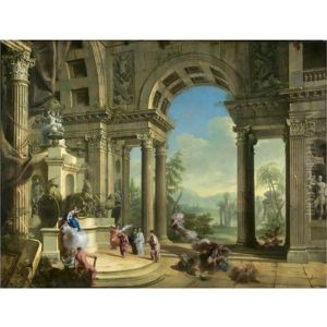 An Allegorical Monument To King George I: The Interior Of A Classical Building Representing The Temple Of Fame, On The Left A Monument With Sculptures Including A Lion And A Unicorn Supporting The Roy by Francesco (Imperiali) Ferdinandi