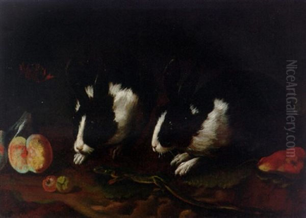 Rabbits, A Lizard, Pears, Peaches And A Red Admiral Butterfly - view 1