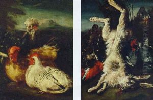A Cockerel And Hens In A Landscape by Francesco (Imperiali) Ferdinandi