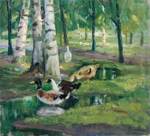 Enten Am Weiher Im Birkenwald by Karoly Ferenczy