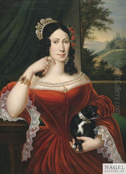 Bildnis Einer Adeligen Dame An Einem Fenster Mit Landschaftsausblick. Sie Tragt Ein Rotes, Spitzenbesetztes Kleid Und Ein Schwarzes Hundchen Auf Ihrem Rechten Arm - view 1