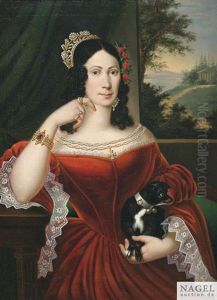 Bildnis Einer Adeligen Dame An Einem Fenster Mit Landschaftsausblick. Sie Tragt Ein Rotes, Spitzenbesetztes Kleid Und Ein Schwarzes Hundchen Auf Ihrem Rechten Arm