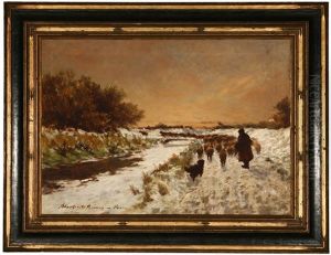Winter Landscape- Shepherd And Flock Negotiating A Snowbound River