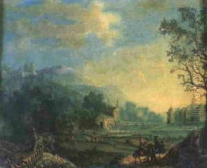A Rhineland Landscape With Riders On A Wooden Bridge, Men Loading Barrels On To A Boat by Adam Pankratz Ferg