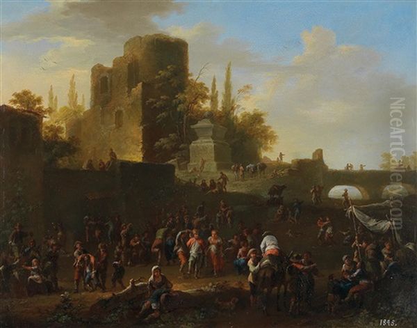 An Italianate Landscape With Numerous Figures By A Ruin And A Bridge In The Background - view 1
