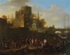 An Italianate Landscape With Numerous Figures By A Ruin And A Bridge In The Background