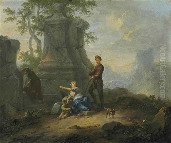Travelers Resting By A Classical Ruin - view 1