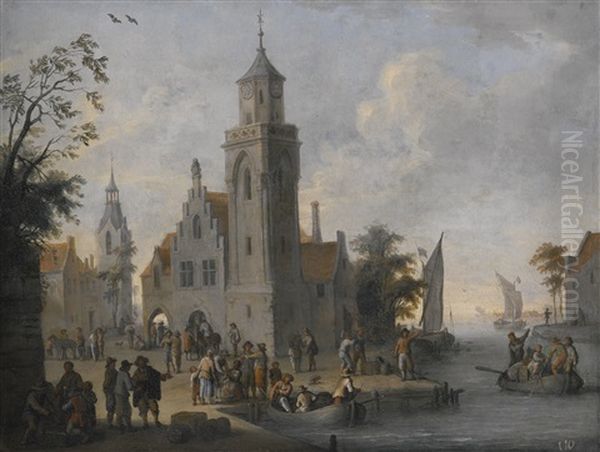 A Townscape With A Clock Tower, With Figures On The Quay And In Boats On A River - view 1