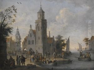 A Townscape With A Clock Tower, With Figures On The Quay And In Boats On A River