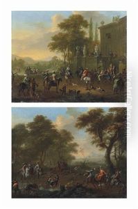An Elegant Party At A Country House, Preparing To Set Out For The Hunt; And An Elegant Hunting Party Capturing A Stag And Boar by Franz de Paula Ferg