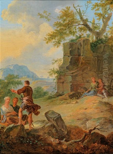 Two Southern Landscapes With Figures Resting Near Antique Monuments - view 1