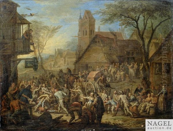 Belebte Dorfstrase Mit Raufenden Bauern Vor Einem Wirtshaus - view 1