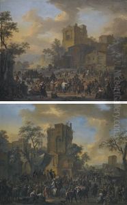 A Pair Of Italianate Village Landscapes, With Peasants Making Merry In The Foreground by Franz de Paula Ferg