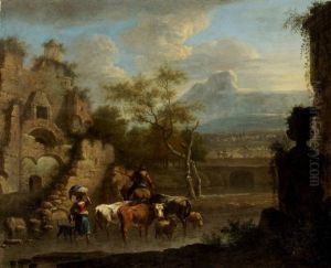Hirtenpaar Mit Viehherde Vor Sudlicher Landschaft Mit Ruinen by Franz de Paula Ferg