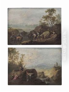 A River Landscape With Travellers Resting On Banks; And A River Landscape With Travellers Crossing A River by Franz de Paula Ferg
