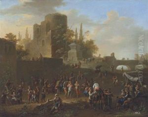 Figures Making Merry In An Italianate Landscape With Ruins And A Bridge Beyond by Franz de Paula Ferg