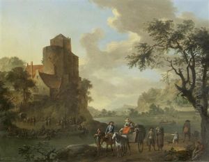 Travellers On A Country Path, A River Landscape Beyond Travellers On A Country Path, A River Landscape Beyond