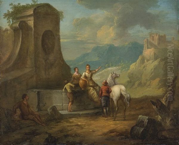 Landschaft Mit Steinbrunnen, Tier- Und Figurenstaffage - view 1