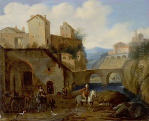 Beim Hufschmied Vor Einer Befestigung Mit Fluss Und Brucke by Franz de Paula Ferg