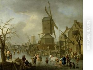 A Winter Landscape With A Windmill And Figures Sledging And Skating In The Foreground by Franz de Paula Ferg