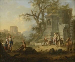 Paysage Italien Avec Des Figures Pres D'une Fontaine by Franz de Paula Ferg