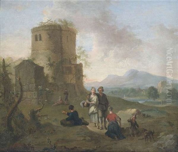 Sudliche Landschaft Mit Ruinen Und Bauerlicher Figurenstaffage - view 1