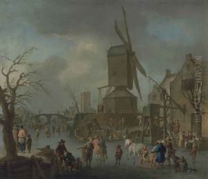 A Winter Landscape With Villagers Skating And Sledging On A Frozen Canal By A Windmill