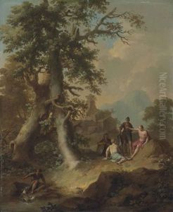 A Wooded Landscape With Soldiers And Other Figures Resting, With A Classical Tomb Beyond by Franz de Paula Ferg