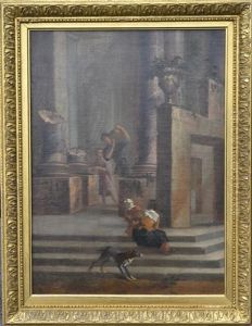 A Mother And Child Seated On The Steps Of A Classical Building With Other Figures Nearby