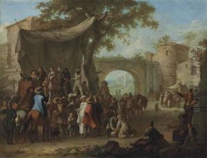 Figures Of The Commedia Dell'arte Performing A Quack Doctor Scene In A Village Square by Franz de Paula Ferg