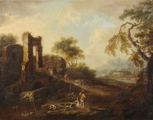 Rastende In Landschaft Mit Ruine Rastende In Landschaft Mit Ruine