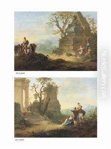 A Mountainous Landscape With Travellers Resting By An Edifice (+ A Mountainous Landscape With Travellers And A Horse Resting By A Classical Ruin; Pair) by Franz de Paula Ferg