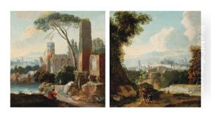 An Italianate Landscape With Travellers... (+ An Italianate River Landscape With An Angler On The Bank And Ruins, A Town Beyond; Pair) by Franz de Paula Ferg