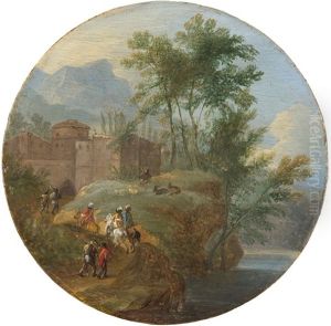 Hugelige Landschaft Mit Burg Und Reisenden