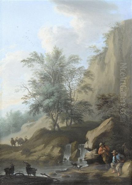 Goatherds And Their Flock Resting Before A Waterfall; Travellers Resting Beside A Country Path (pair) - view 1