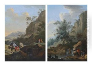 A Wooded River Landscape With A Traveller On A Track Beside A Waterfall, With Figures...(+ A Wooded River Landscape With Shepherds At Rest...; Pair) by Franz de Paula Ferg