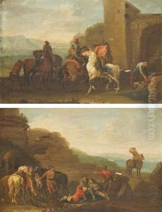 Reiter An Der Tranke (+ Rastende Reiter; Pair) by Franz de Paula Ferg