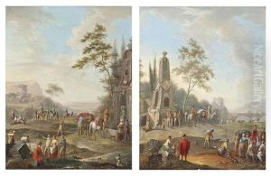 A Landscape With Travellers Conversing Near A Classical Monument... (+ A Landscape With Travellers Watering Their Horses...; Pair) by Franz de Paula Ferg