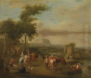 Landschaft Mit Jagdgesellschaft (+ Another, Similar; Pair) by Franz de Paula Ferg