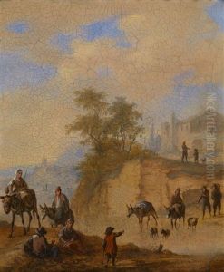 Ein Paar Italienische Landschaften Mit Ziehenden Handelsleuten Und Hirtenstaffage by Franz de Paula Ferg